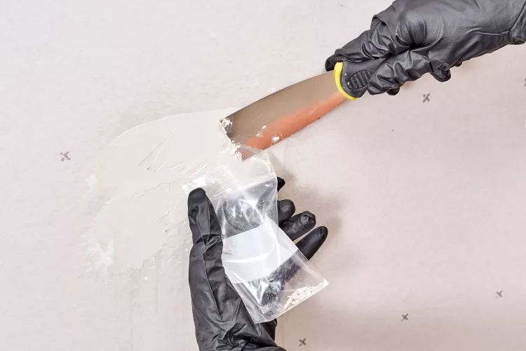 Hands wearing black gloves holding a broken plastic object and a small plastic bag.
